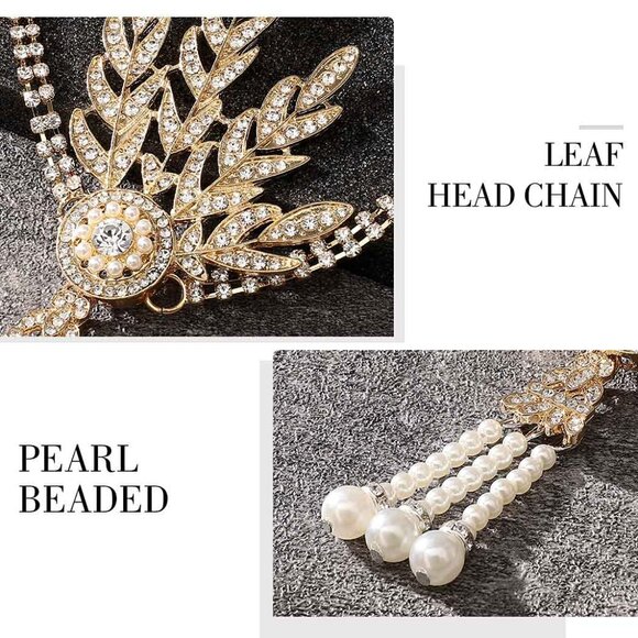 1920's Flapper Headband Leaf Rhiestones Headpiece Pearl Tassel Headdress Bride W - Picture 5 of 7
